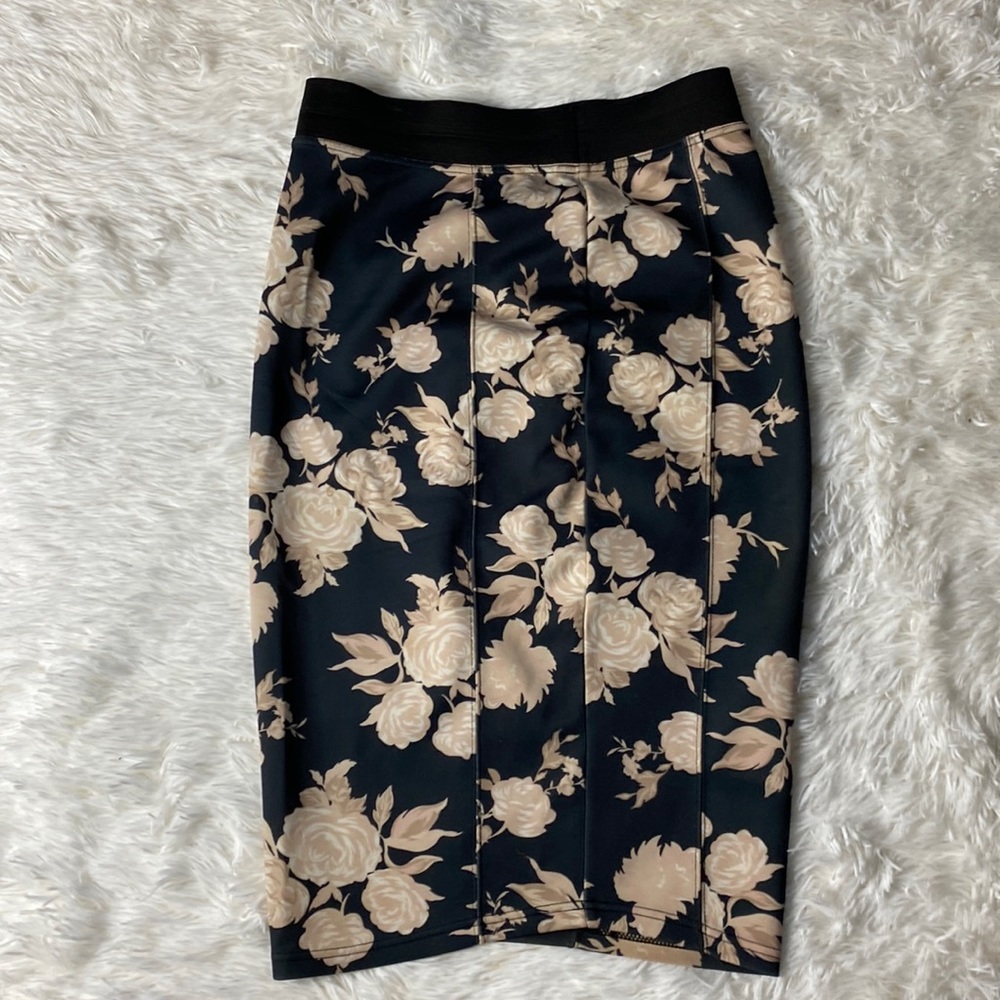 Black and Pink Rose Print Midi Skirt